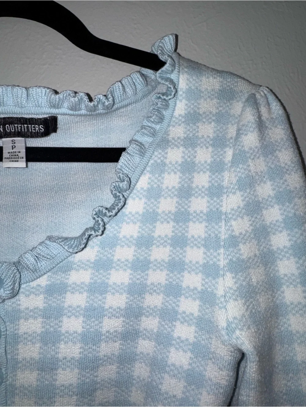 Urban Outfitters Light Blue Gingham Ruffle Trim Cardigan Cottage Core